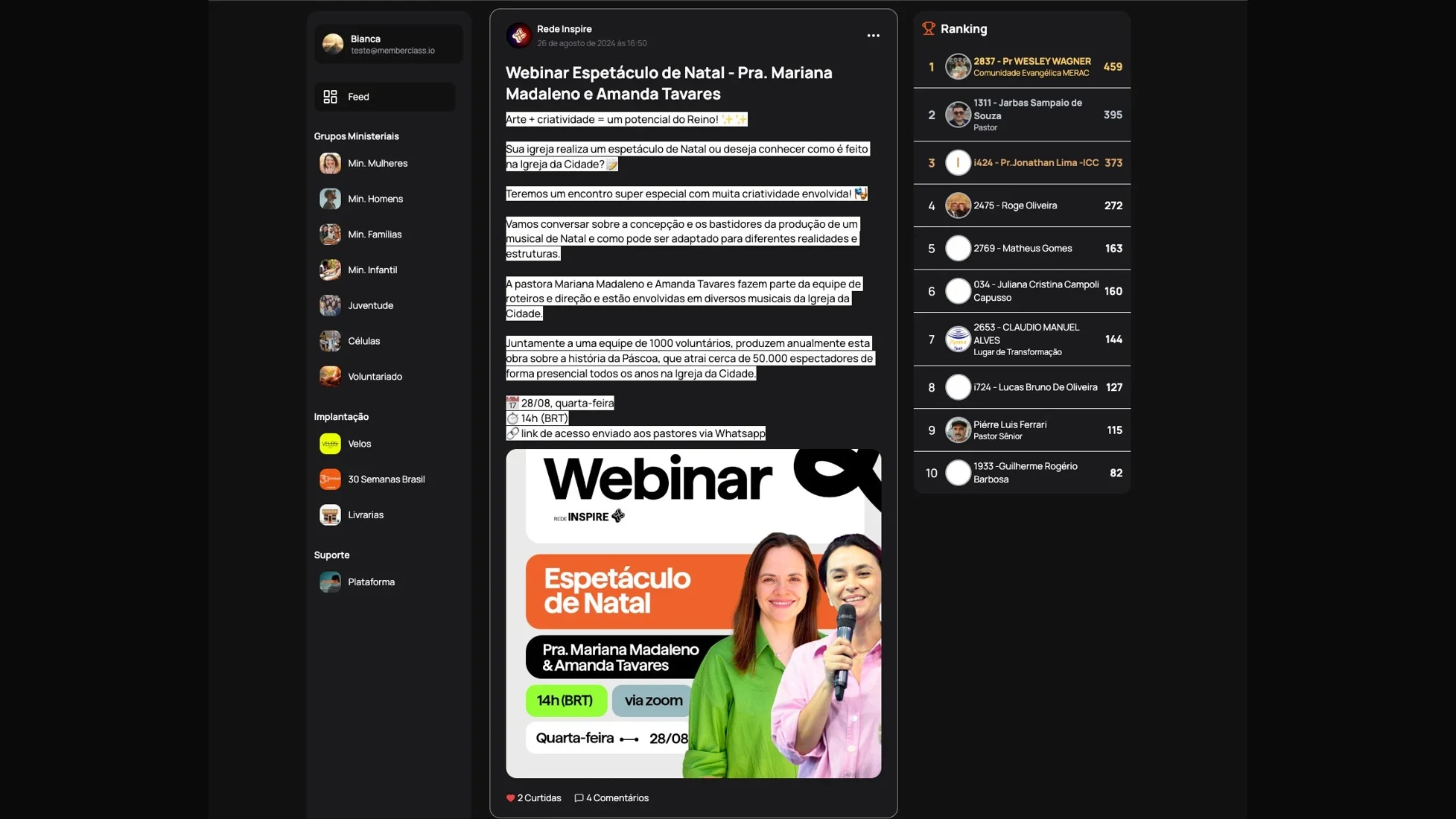 Comunidade nativa MemberEphra com feed, grupos e ranking